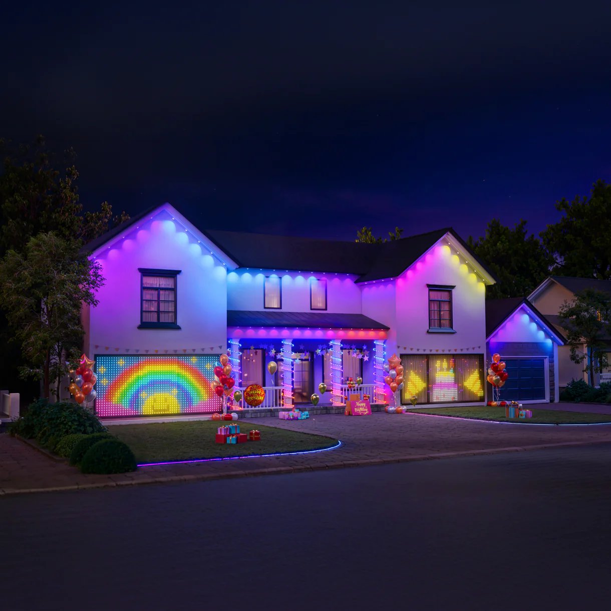 a lit-up house.