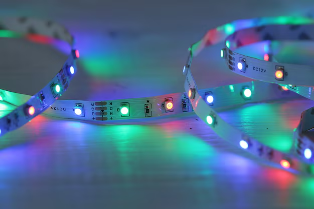 Colorful LED light strip with blue, green, and red illuminated lights.