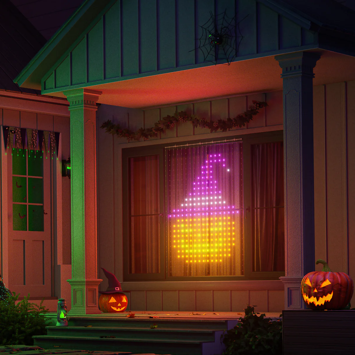 festive Halloween light display on a window.